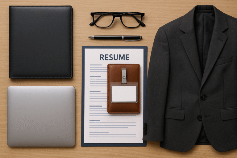 What to take to a job interview—organised professional documents and materials arranged for interview readiness.